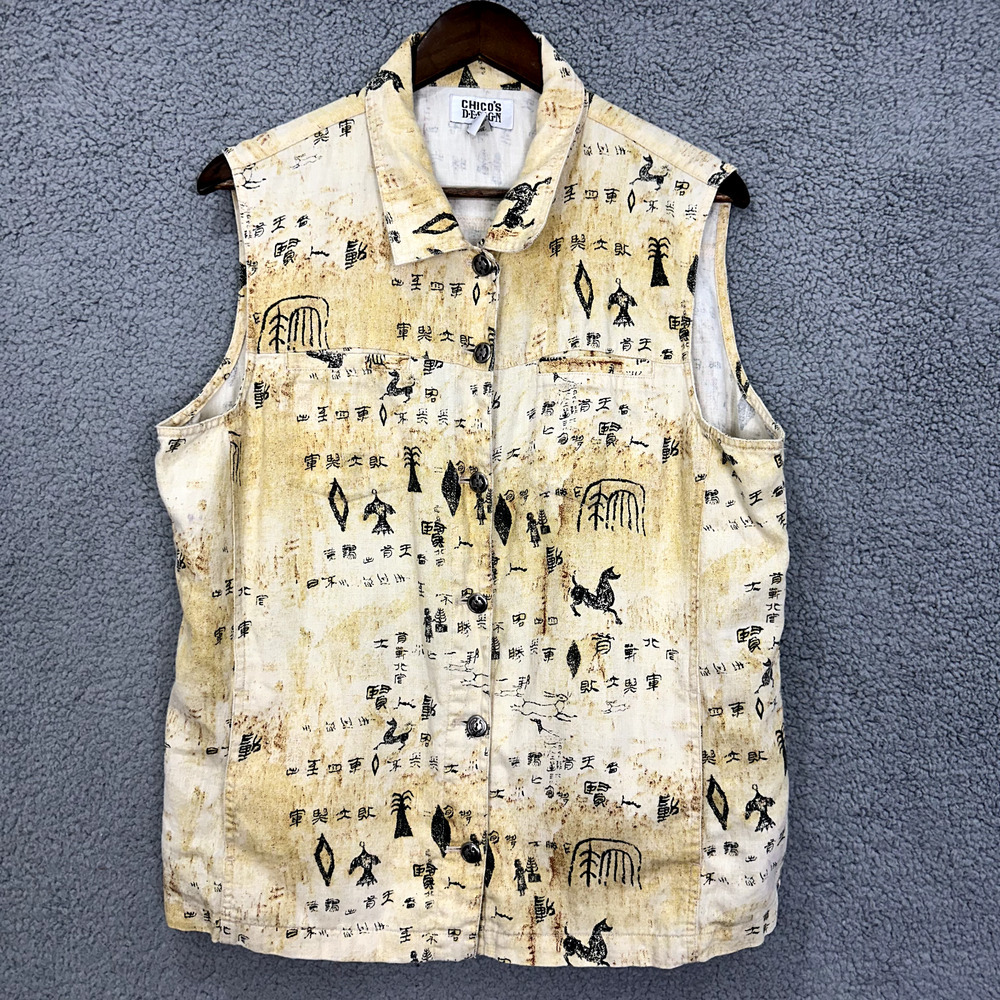 Chicos Design Top Womens 3 Yellow Button Up‎ Tribal Sleeveless Linen Cotton Art